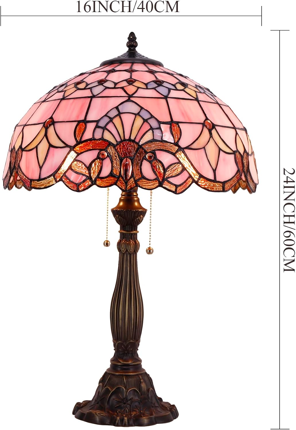 WERFACTORY Tiffany Lamp Pink Stained Glass Baroque Bedside Table Lamp Style Desk Light 16X16X24 Inches Decor Bedroom Living Room Home Office S003P Series