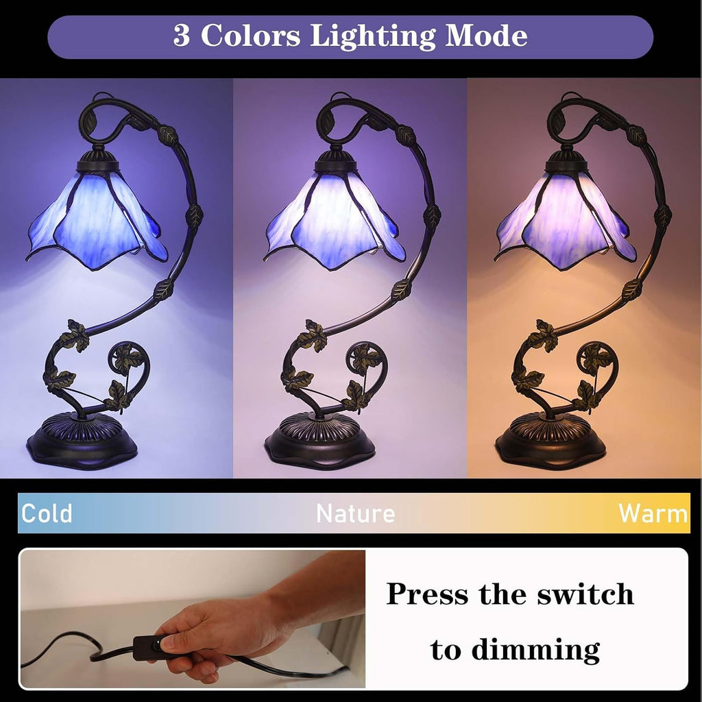 Stained Glass Table Lamp, Blue Flower Style Metal Leaf Base Desk Reading Light, Adjustable 3 Color Temperature Decor for Bedroom Home Office
