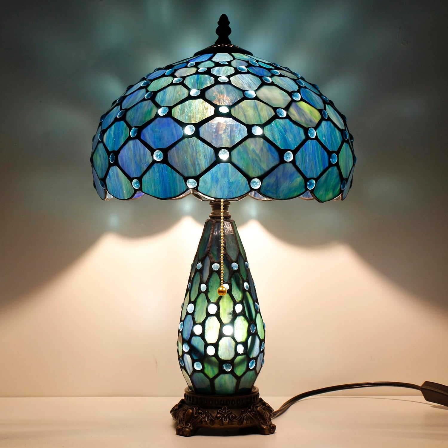 Tiffany Lamp Stained Glass Table Lamp 12X19 Inches Mother Daughter Vase Desk Accent Night Light for Bedroom Bedside Reading Home Antique Style (Blue Beads)