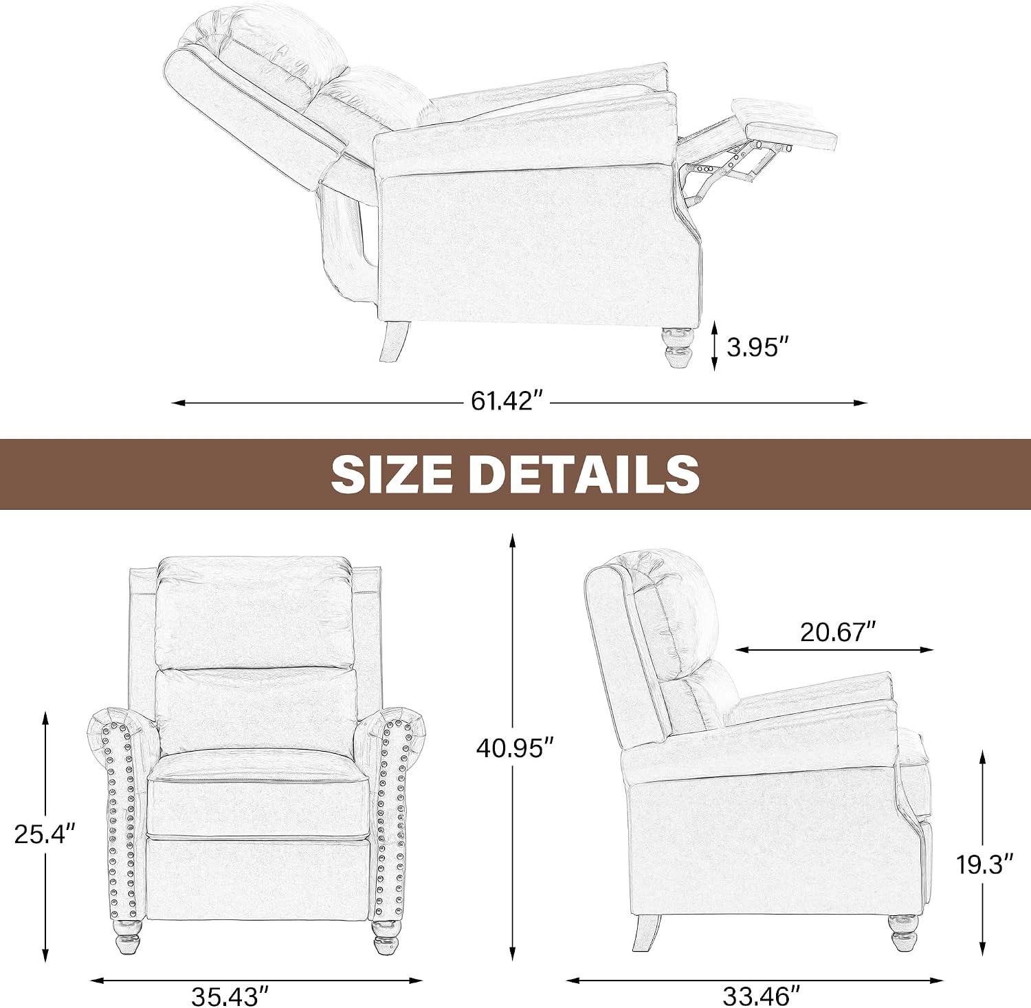 Pushback Recliner Chair, Fabric Armchair Push Back Accent Chair, Rivet Trim Club Chair Home Theater Overstuffed Single Sofa Reading Seat for Living Room, Pattern