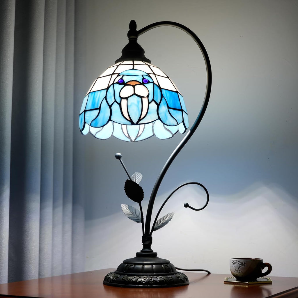 Tiffany Table Lamp Blue Walrus Stained Glass Bedside Lamp Tiffany Style S Metal Leaves Desk Light for Home Living Room Office Dormitory Bar Family Friends Gift