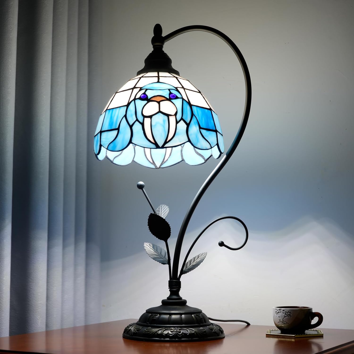 Tiffany Table Lamp Blue Walrus Stained Glass Bedside Lamp Tiffany Style S Metal Leaves Desk Light for Home Living Room Office Dormitory Bar Family Friends Gift