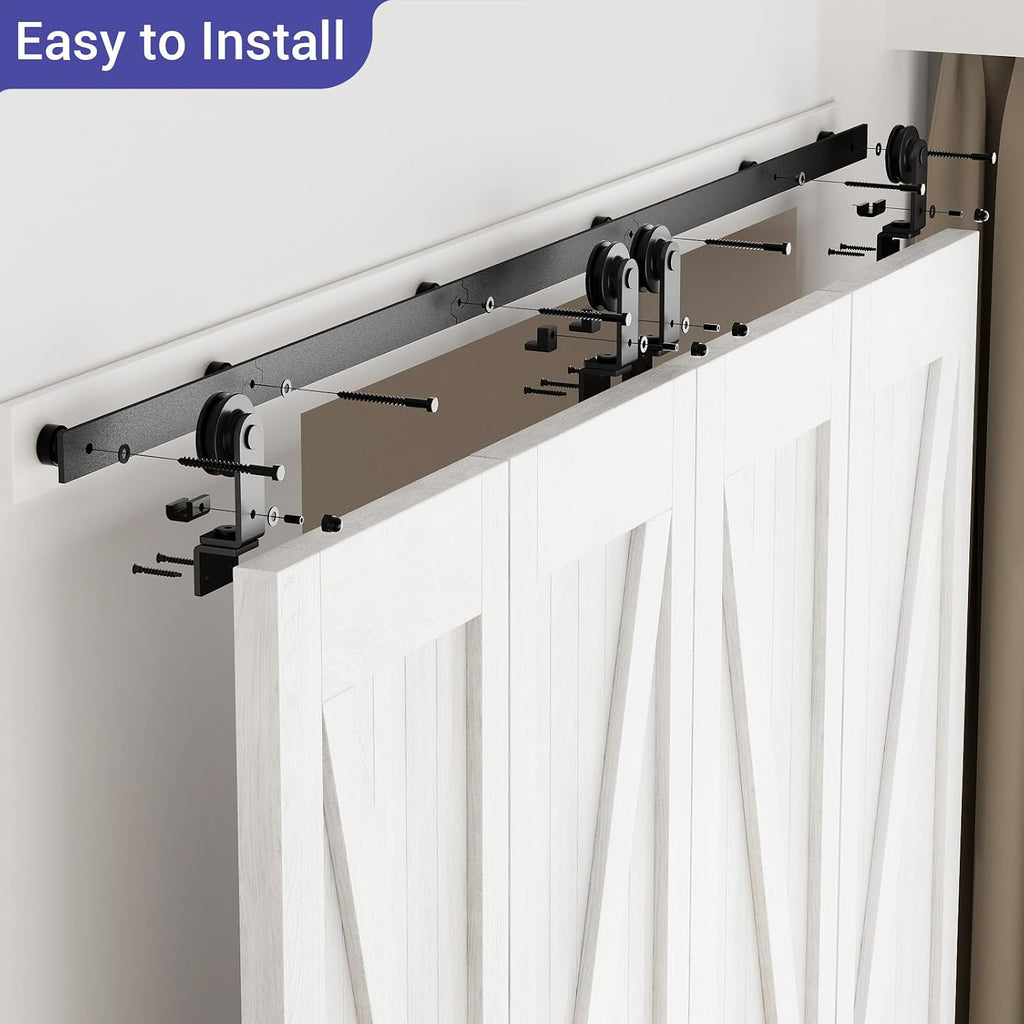 CCJH 48' Bi-Folding Sliding Barn Door Hardware Kit for 4 Doors,Slide Smoothly Quietly,Black Track Top Mount Roller,No Door