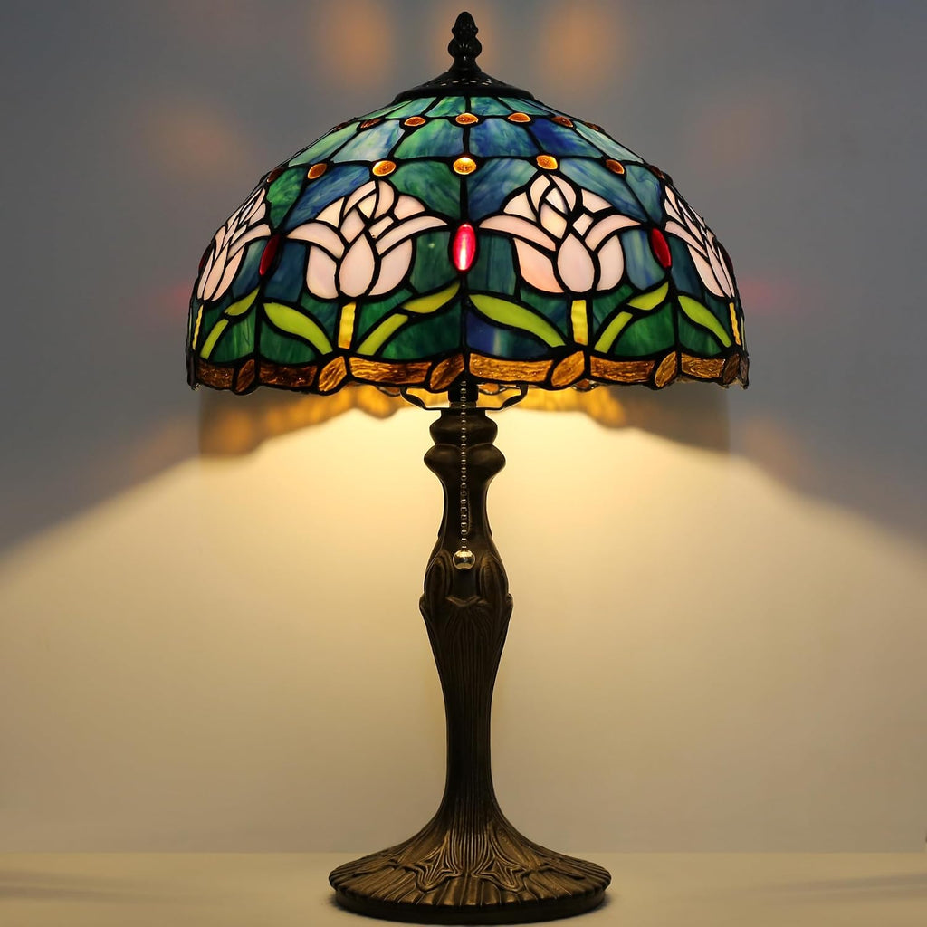Tiffany Lamp Stained Glass Table Lamp 12' x 19' Pink Tulip Style Decorative Lamp Bedside Reading Lamp for Desk Living Room Bedroom Office Study Light Home Decor Gift