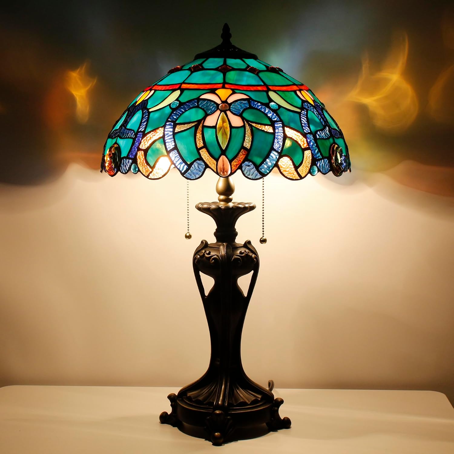 Tiffany Lamp(2 Lights) Stained Glass Table Lamp Bedside Desk Reading Light 16X16X24 Inch Decor Bedroom Living Room Home Office (Green Brown Jewelry)