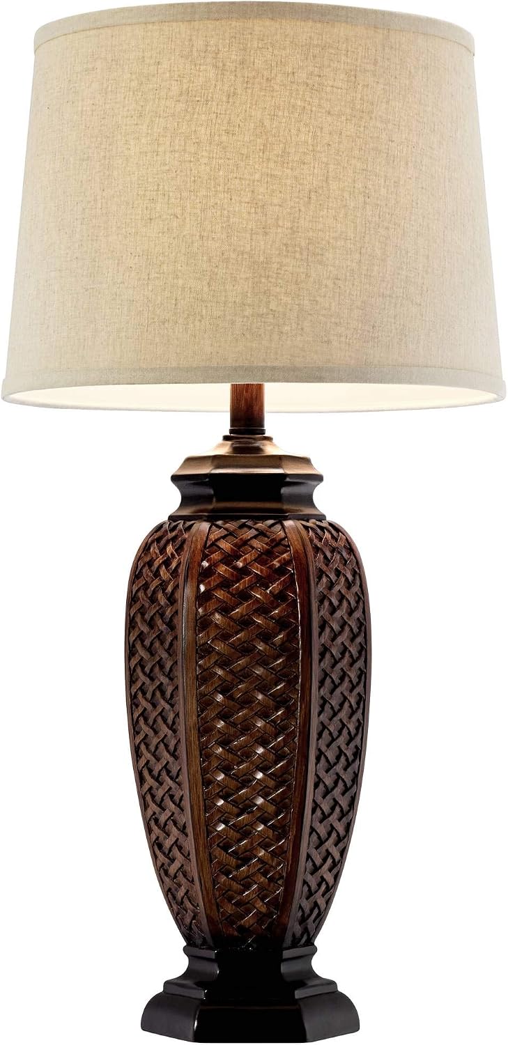 Regency Hill Tropical Natural Cottage Core Jar Table Lamps 29' Tall Set of 2 Weathered Brown Woven Wicker Beige Linen Fabric Drum Shade Decor for Living Room Bedroom House Bedside Nightstand Home