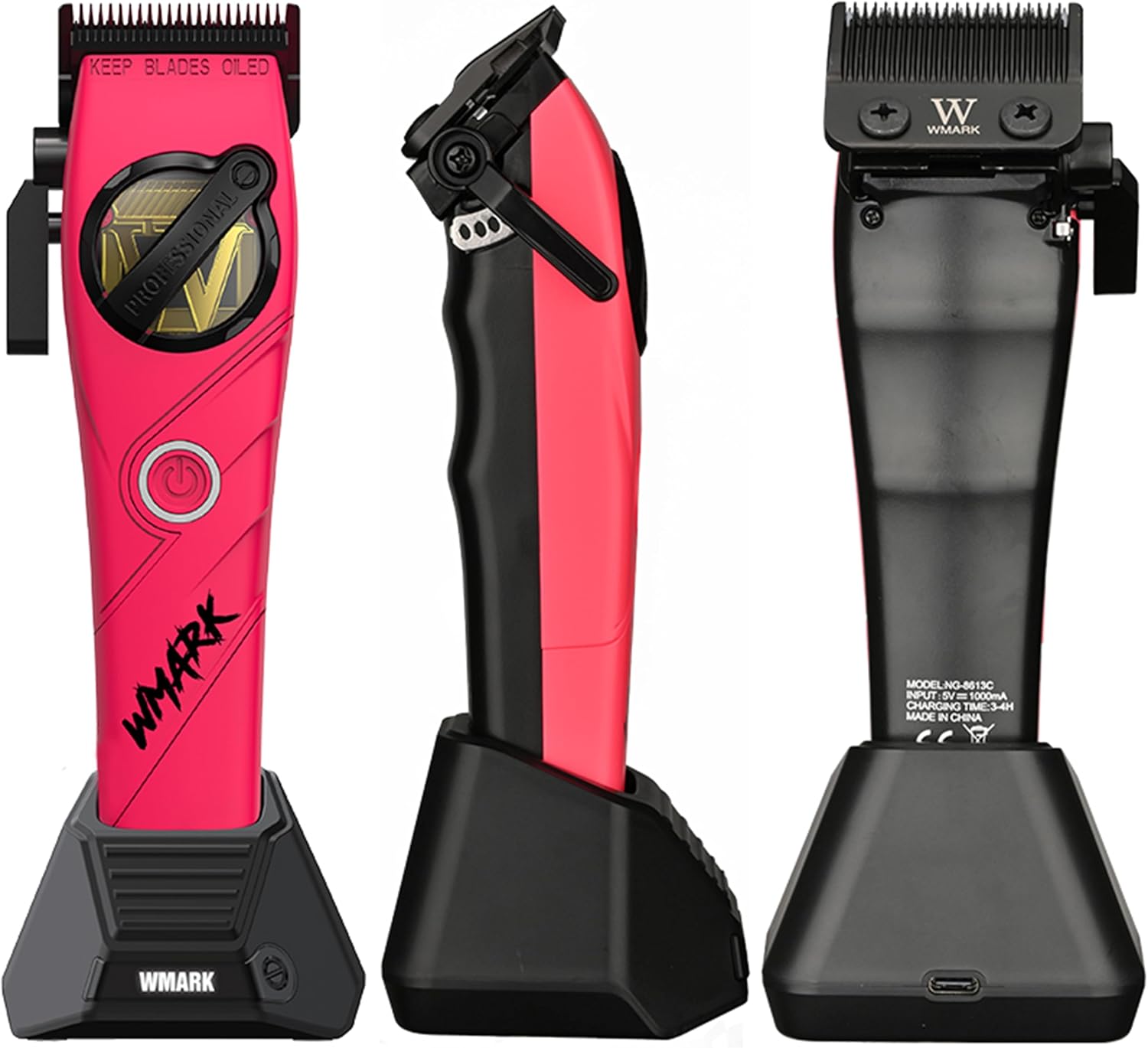 WMARK Professional 2-Piece Haircut Kit for Barber - High-Speed Clipper (7500/8500rpm) & Detail Trimmer (6500/7500rpm), Ceramic Blades, Rechargeable Lithium-Ion Batteries, NG-8613 KIT (Pink)