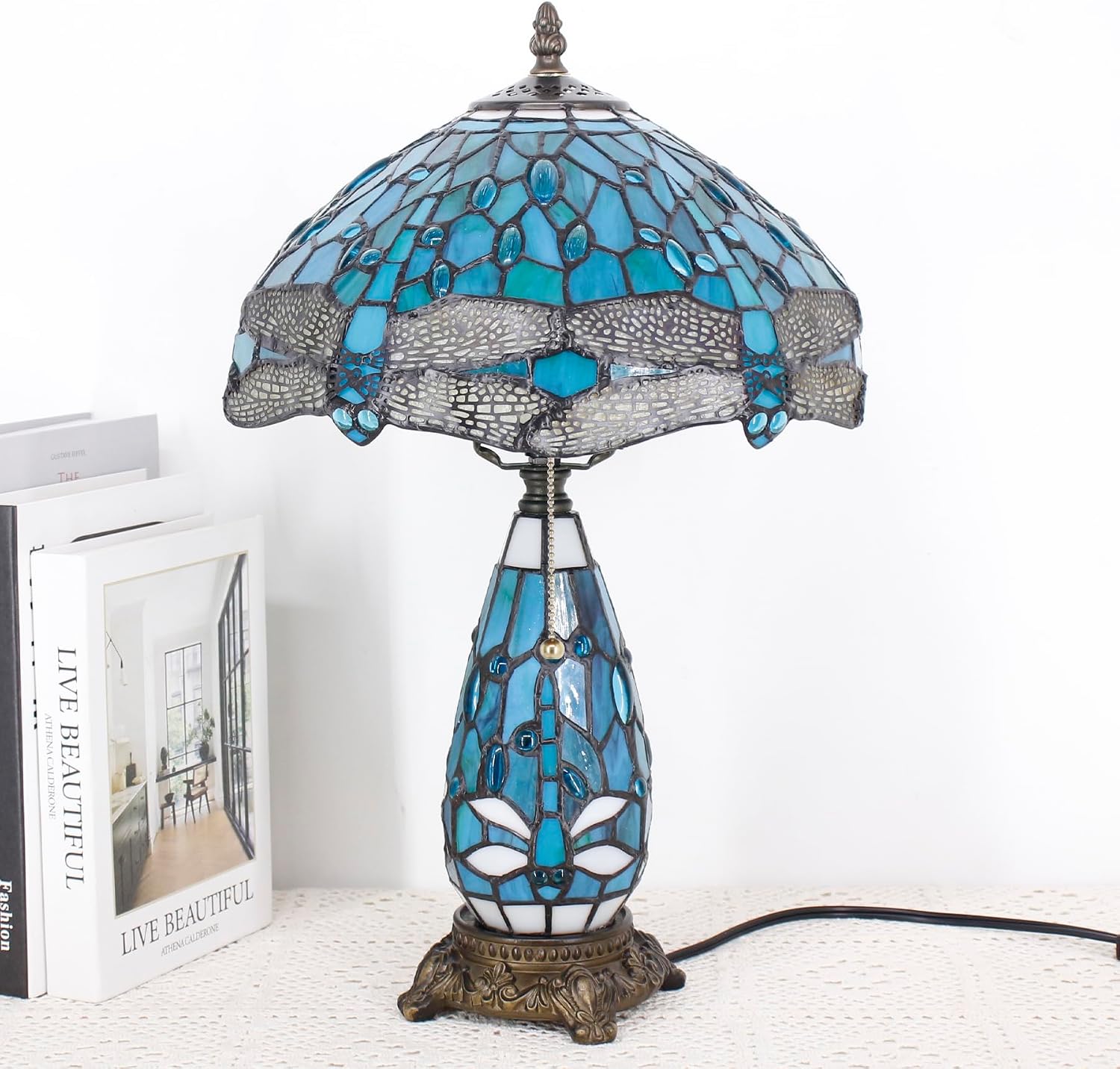 Tiffany Lamp Stained Glass Table Lamp 12X19 Inches Mother Daughter Vase Desk Accent Night Light for Bedroom Bedside Reading Home Antique Style (Green Dragonfly)