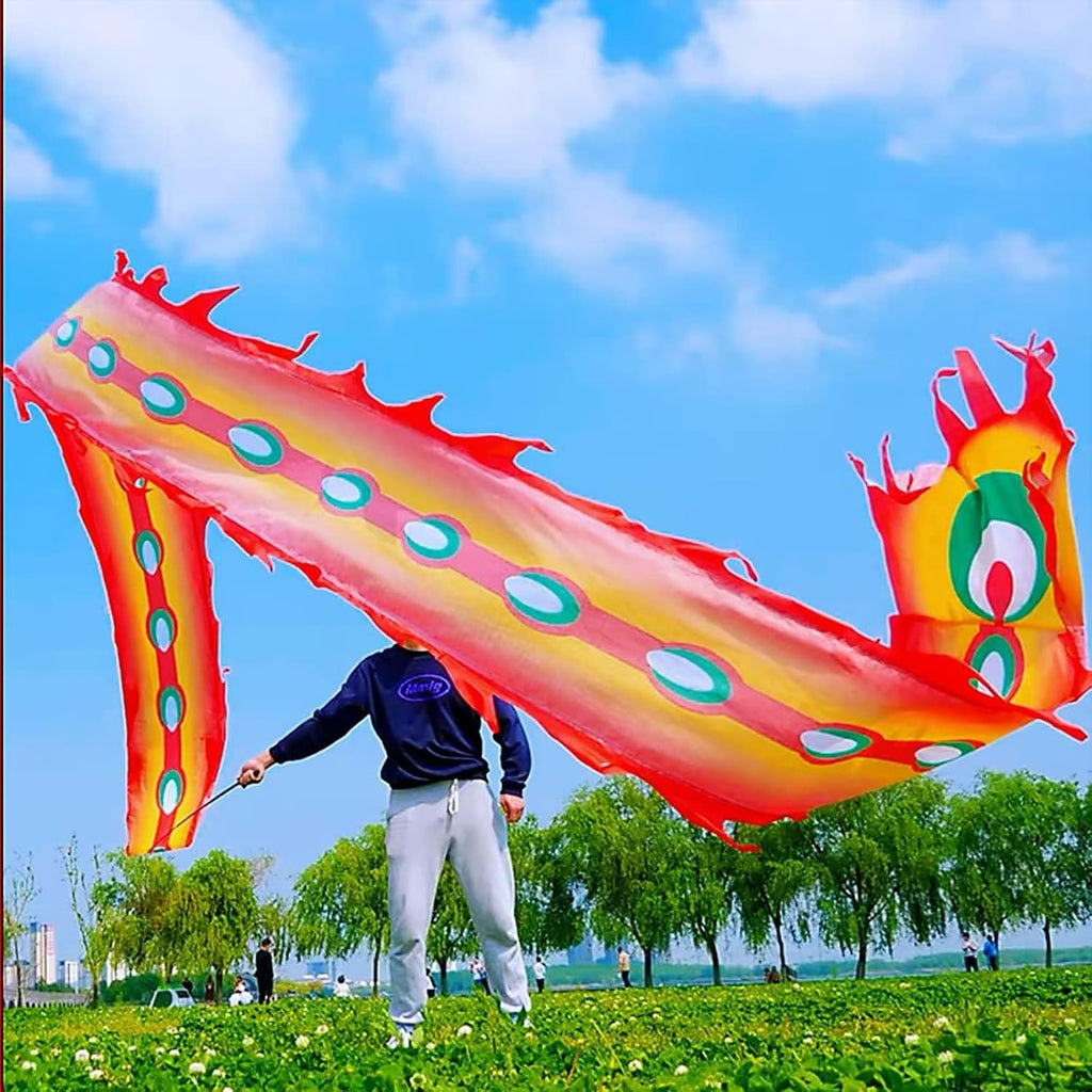 OVARIA Dragon Dance Fitness Ribbon 3D Dragon Head and Swing Rope Combo Chinese Wulong Flowy Ribbon Streamer Outdoor Fitness Dragon Stage Prop Set(Red,33ft)