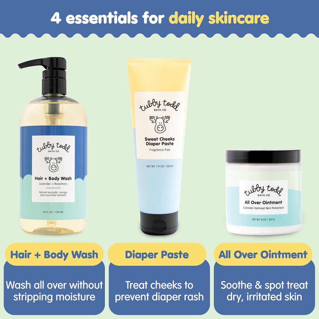 Tubby Todd Baby Bundle Newborn Skin Care Set | Hypoallergenic Hair + Body Wash, All Over Ointment Sweet Cheeks Diaper Paste, Full Size, Lavender Rosemary