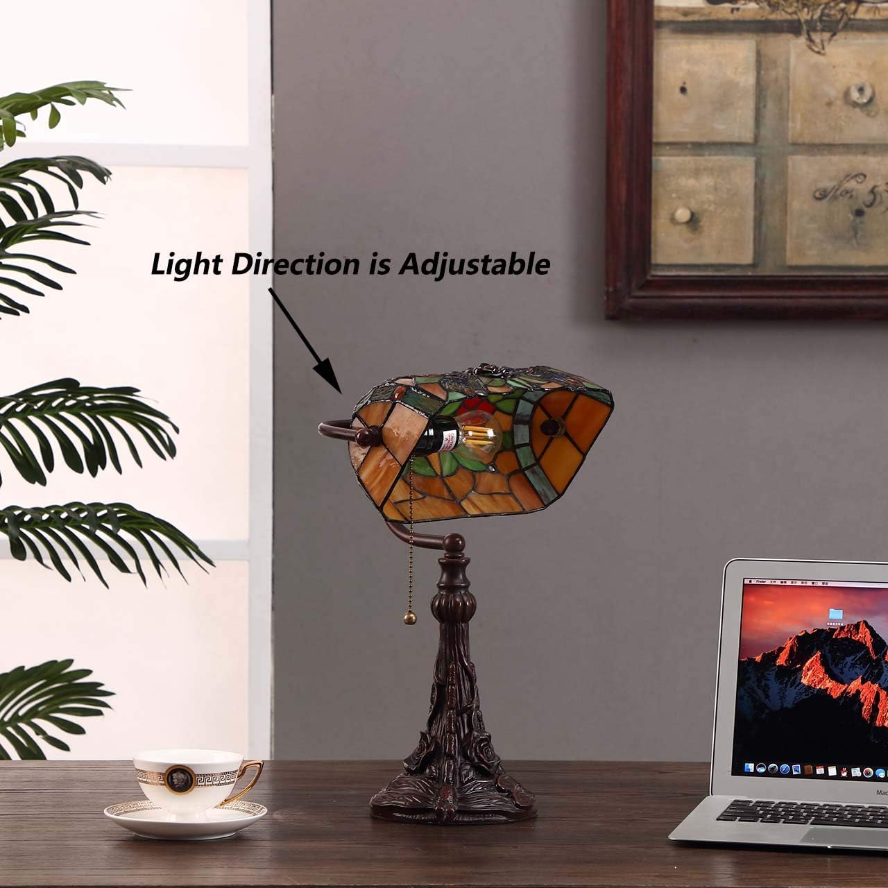 Bieye L10308 Dragonfly Tiffany Style Stained Glass Banker Desk Table Lamp with 10-inches Wide Lampshade for Reading Working, 16 inches Tall (Amber)