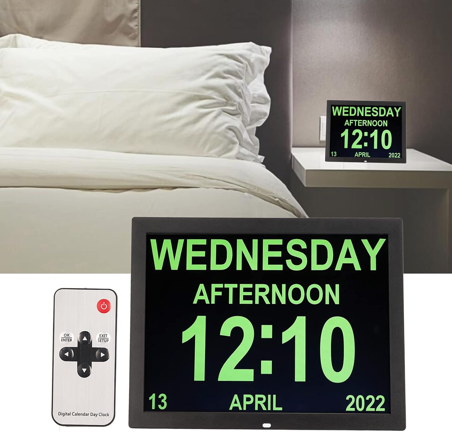 Septpenta Digital Calendar Alarm Clock Day Clock with 15' Large Display, 10 Languages, with Remote Control/Calendar/Alarm/Date/Day for Visually Impaired, Elderly, Dementia(USA)