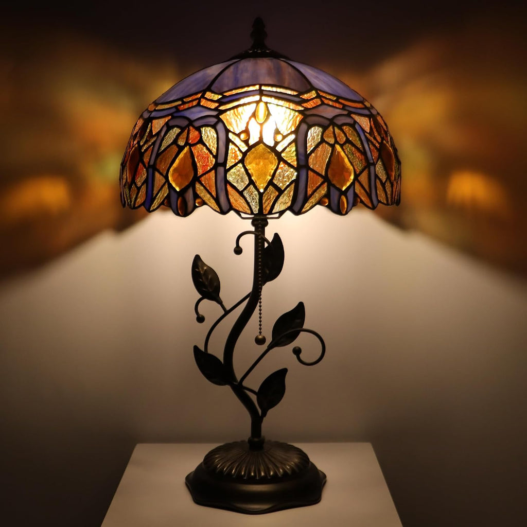 Tiffany Lamp Purple Brown Jewelry Baroque Style Stained Glass Table Lamp Desk Bedside Reading Light 12X12X19 Inches Bronze Resin Metal Leaf Base