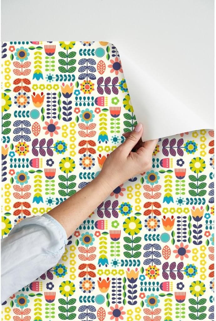 Spoonflower Swedish Folk Art Peel and Stick Removable Wallpaper | Roll 24' x 144' | Hygge Rainbow Floral Cute Modern | Self-adhesive, removable and renter-friendly