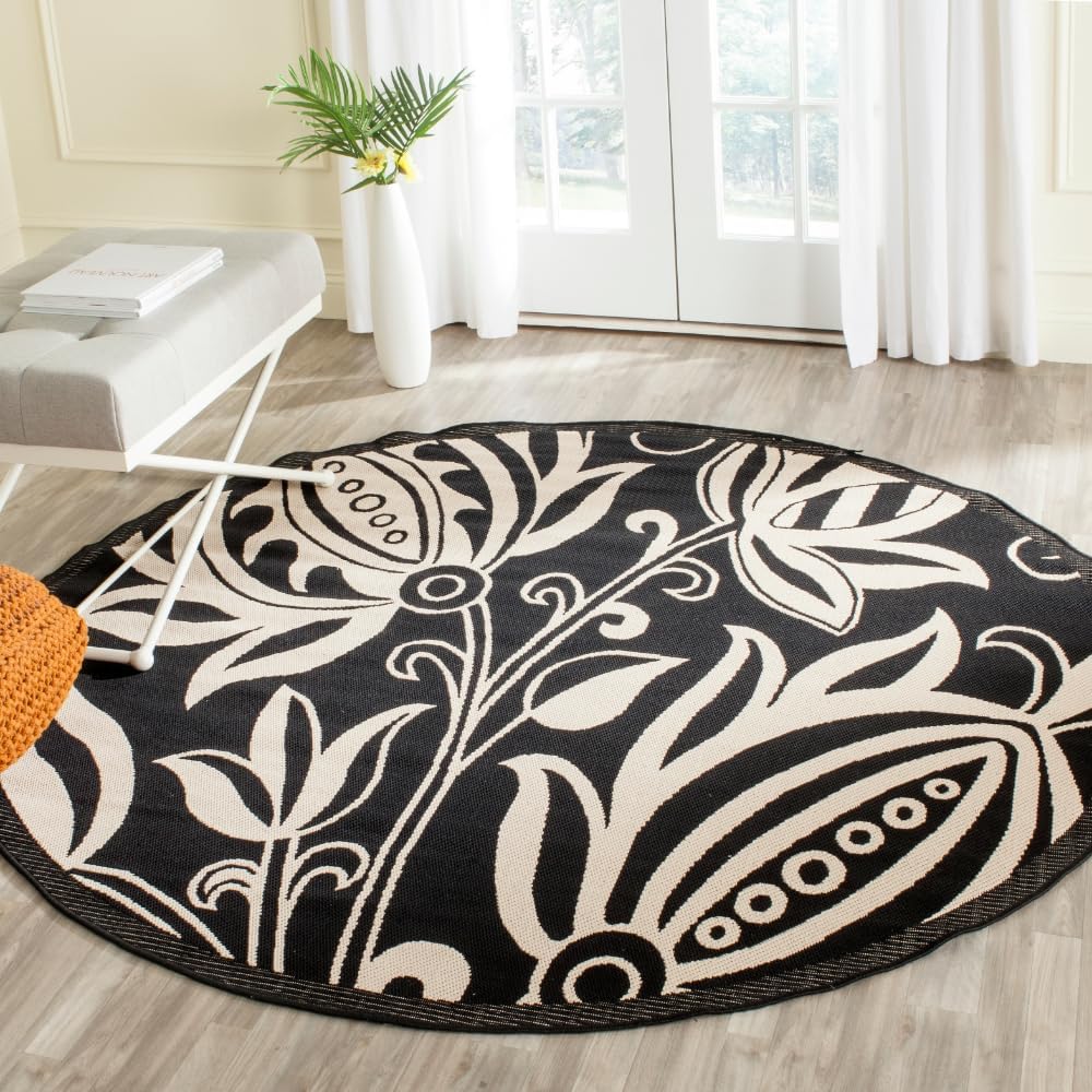 SAFAVIEH Courtyard Collection 7'10' Round Black / Sand CY2961 Floral Indoor/ Outdoor Waterproof Easy-Cleaning Patio Backyard Mudroom Area-Rug