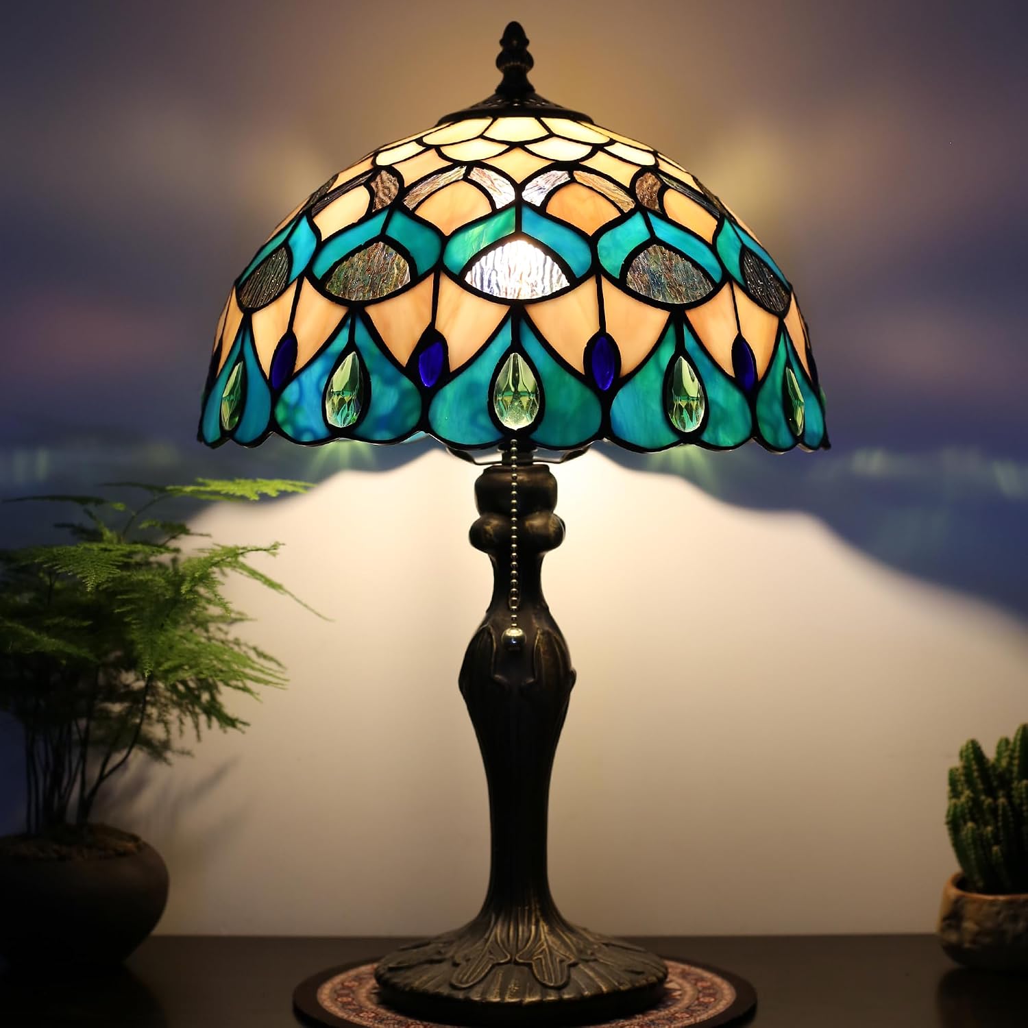 Tiffany Lamp Stained Glass Table Lamp Bedside Reading Lamp 12 x 19' Blue Phoenix Tail Style Decorative Lamp for Desk Study Living Room Bedroom Office Decor Gift