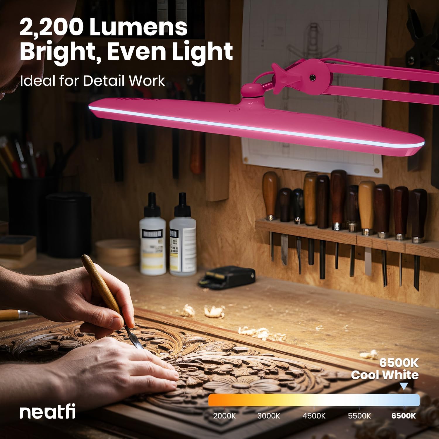 Neatfi XL 2,200 Lumens 24W LED Desk Lamp – 23' Wide Shade | Dimmable Eye-Caring Task Light | Adjustable Arm | Home Office, Study, Crafts & Nail Tech (Pink, Non-CCT with Clamp)
