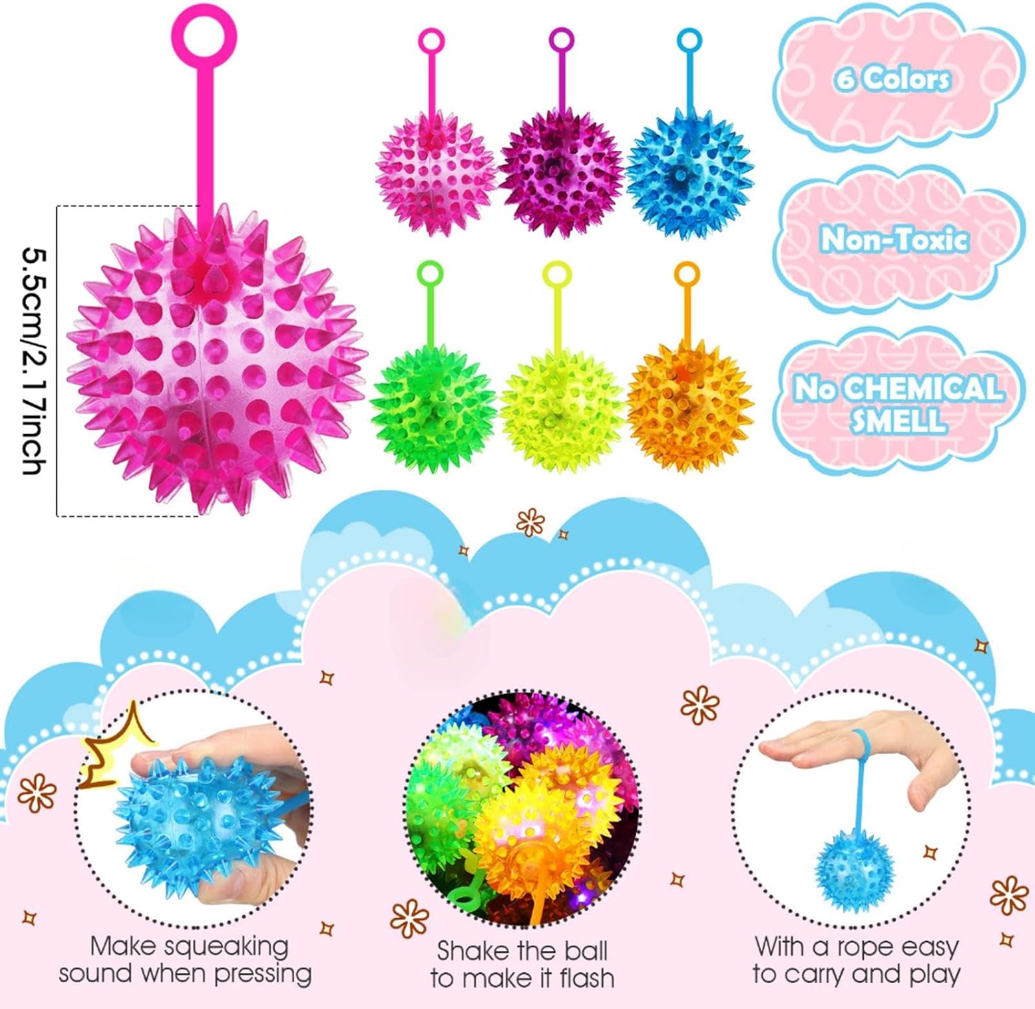 Sotiff 400 Pcs Light up Ball Spiky LED Bouncy Ball Flashing Squeaky Multicolor Puffer Toy Rubber Sensory Toy Carnival Prizes Bulk Party Favors for Teens, Adults, Children