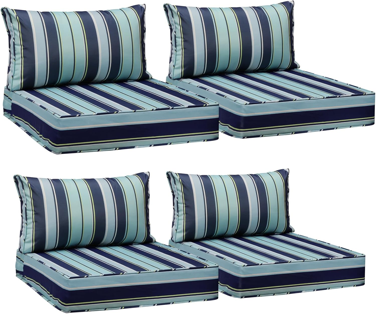 AAAAAcessories Outdoor Seat Cushions for Chairs, Fade-Resistant, Waterproof Patio Furniture Replacement Cushions, 25.5' x 25.5' x 5' + 25.5' x 13.5', Set of 4, Ash Teal Seaside Stripe
