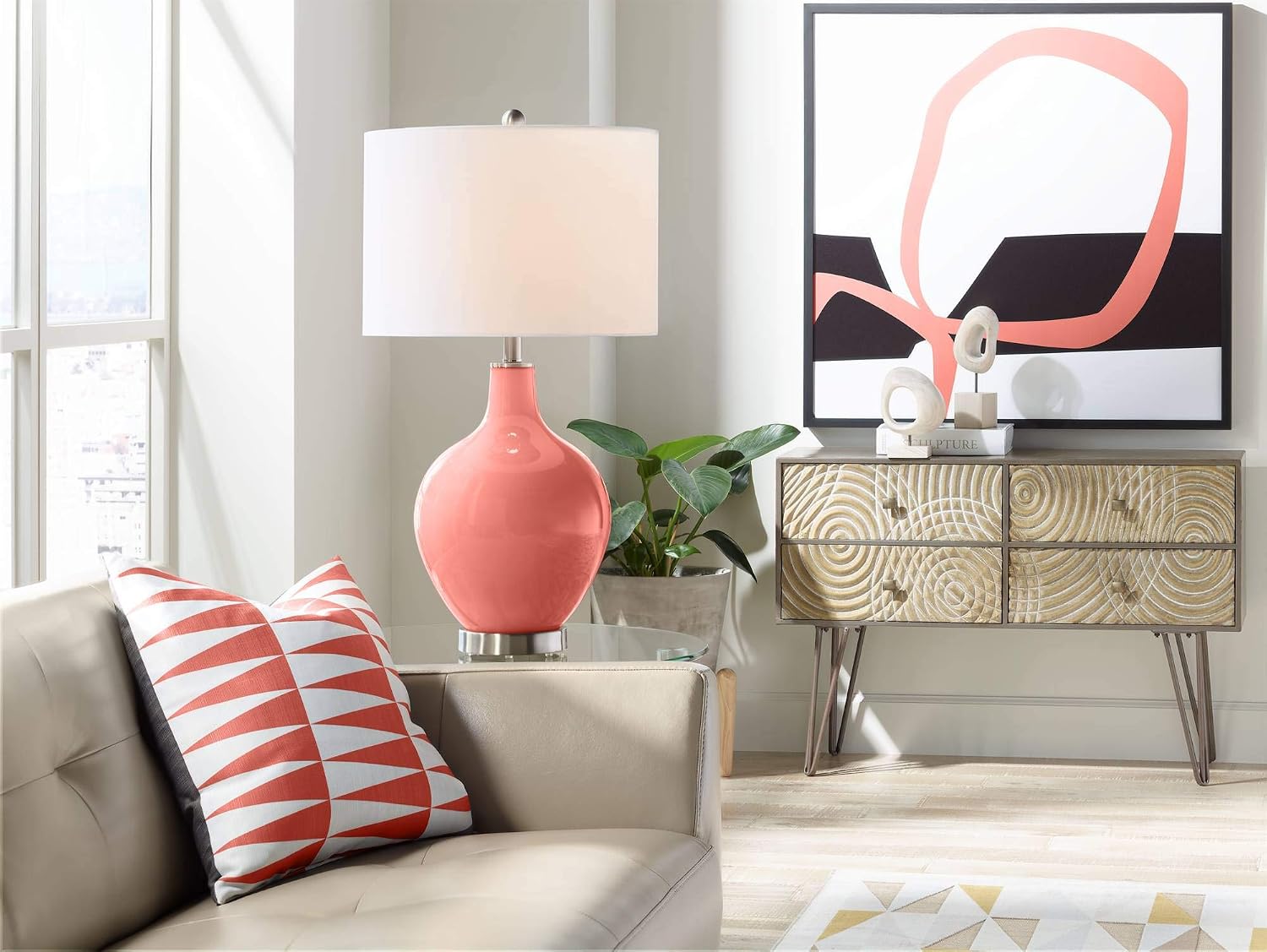 Color + Plus Modern Table Lamp 28.5' Tall Coral Reef Glass OVO White Linen Drum Shade for Living Room Family Bedroom Bedside Nightstand