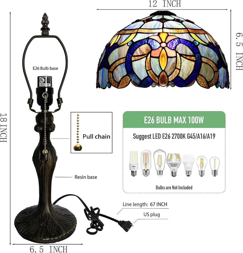 Tiffany Lamp Stained Glass Table Lamp 12' x 19' Blue Baroque Style Decorative Lamp Bedside Reading Lamp for Desk Living Room Bedroom Office Study Light Home Decor Gift