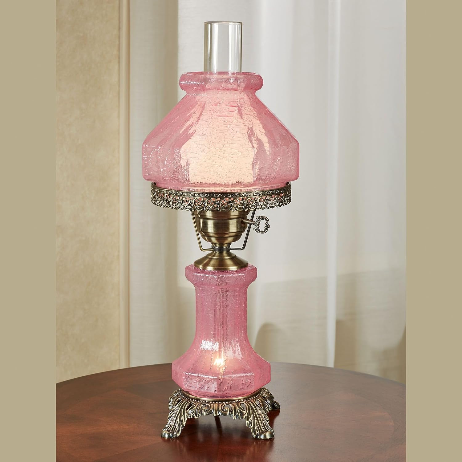 Touch of Class Isabel Hurricane Style Hand-Blown Crackled Glass Victorian Table Lamp Pink | Octagon Shape | Vintage Lighting for Bedroom, Living Room, Office | Two Shades | Nightlight