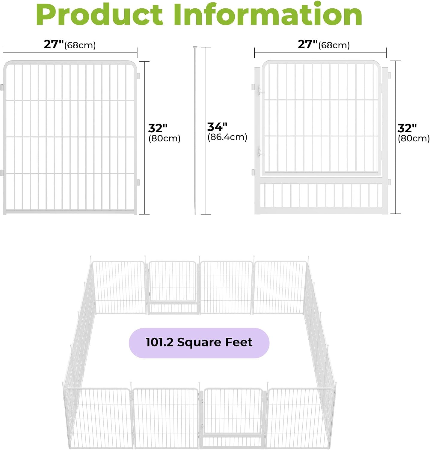 SunsGrove Garden Fence with Gate, 32 in(H) x 35.7 ft(L) 16 Panels Heavy Duty Metal Animal Barrier Fence for Yard, Suitable for Indoor or Outdoor Dog Pet Fence, Garden Fence Border, White