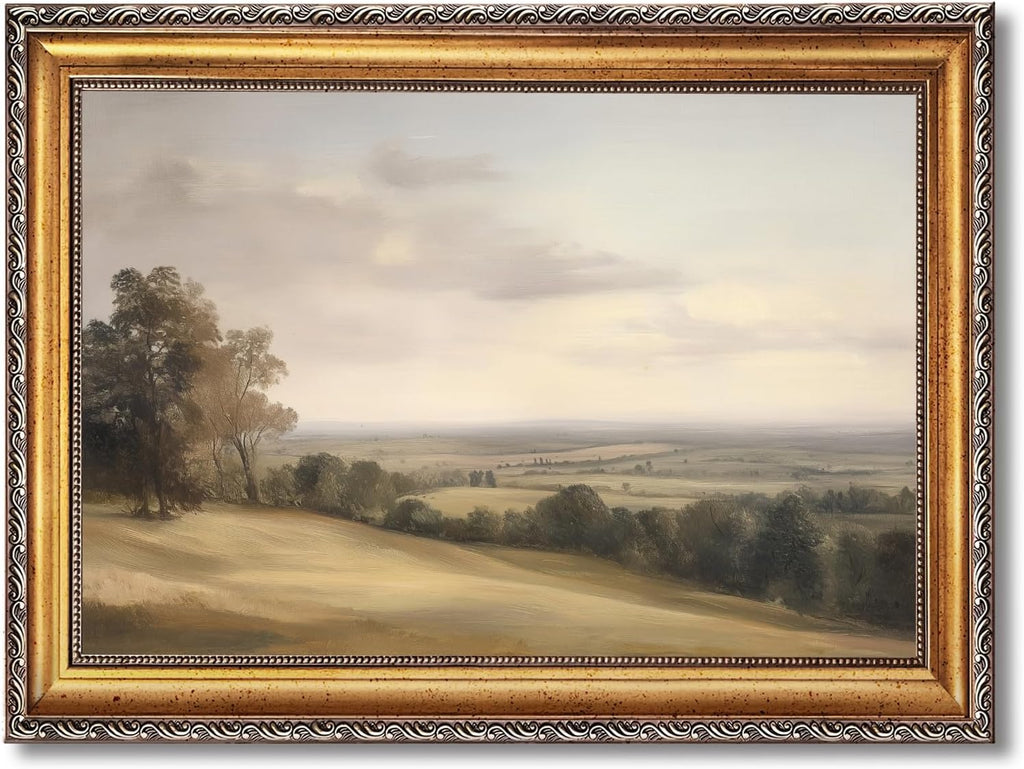 Large Gold Framed Classic European Pastoral Landscape Canvas Wall Art Vintage English Countryside Horizon Oil Painting Poster Retro Rolling Hills Artwork Prints for Rustic Farmhouse Decor 24x36inch