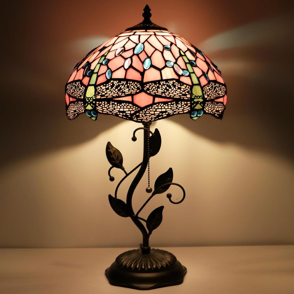 Tiffany Lamp Pink Dragonfly Style Stained Glass Table Lamp Desk Bedside Reading Light 12X12X19 Inches with Metal Leaf Base