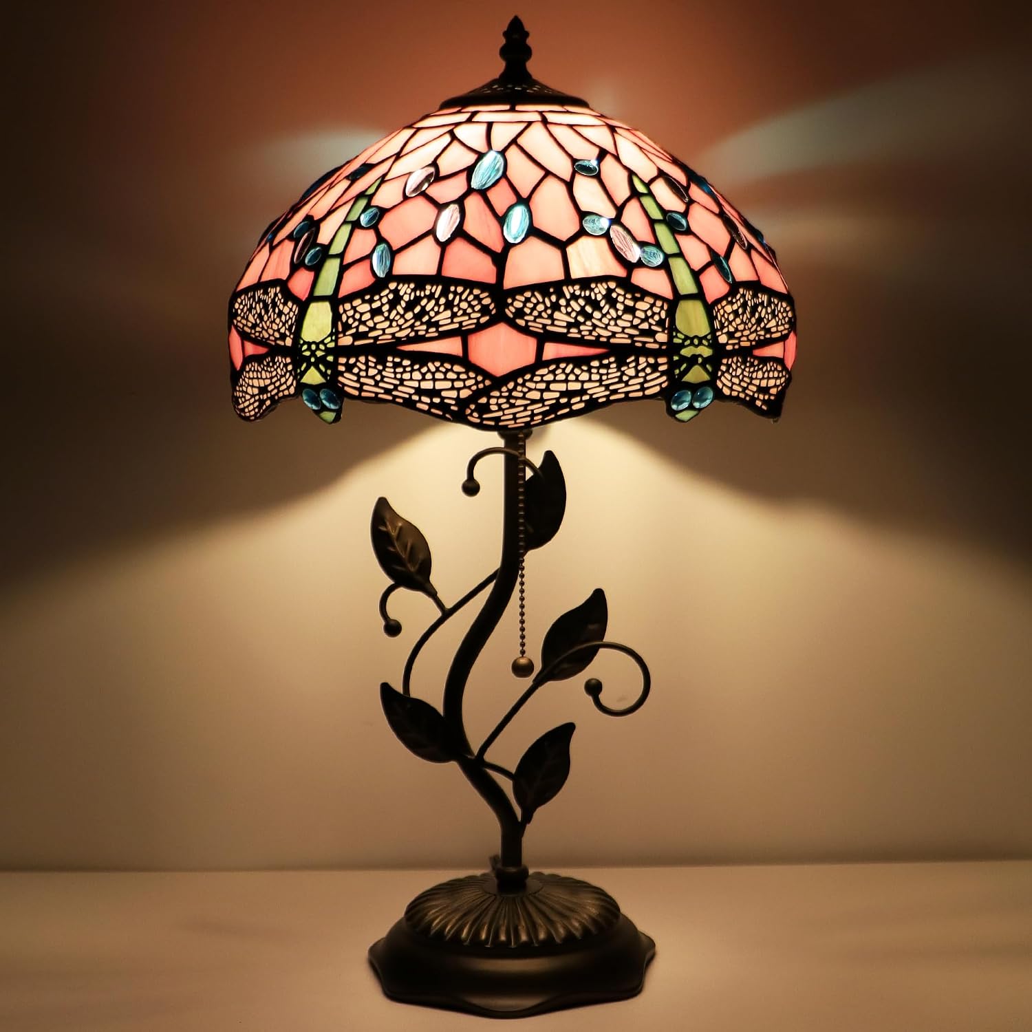 Tiffany Lamp Pink Dragonfly Style Stained Glass Table Lamp Desk Bedside Reading Light 12X12X19 Inches with Metal Leaf Base