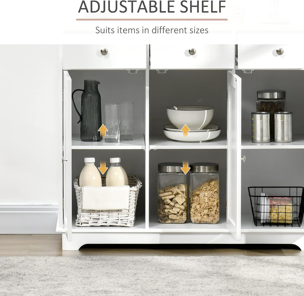 HOMCOM Sideboard Buffet Cabinet with Solid Wood Countertop, Modern Kitchen Storage Cabinet, Coffee Bar Cabinet with 3 Drawers, Doors and Adjustable Shelf, White