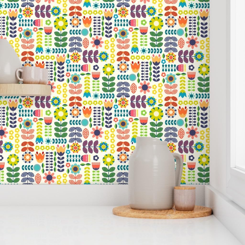 Spoonflower Swedish Folk Art Peel and Stick Removable Wallpaper | Roll 24' x 144' | Hygge Rainbow Floral Cute Modern | Self-adhesive, removable and renter-friendly