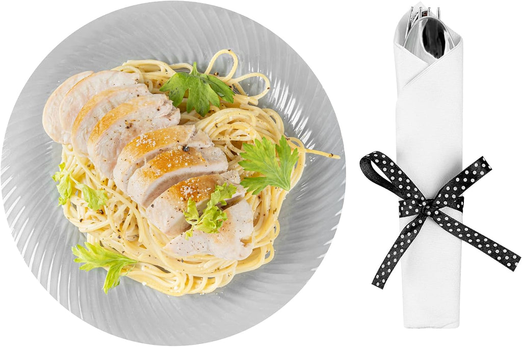 Restaurantware-7.3 Inch x 2 Inch Plastic Cutlery Sets, 100 Flatware Sets - Polka Dot Ribbon, With White Napkin, Individually Wrapped, Silver Plastic Disposable Cutlery Sets, For Weddings And Events