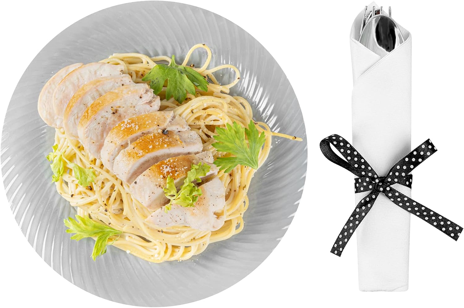 Restaurantware-7.3 Inch x 2 Inch Plastic Cutlery Sets, 100 Flatware Sets - Polka Dot Ribbon, With White Napkin, Individually Wrapped, Silver Plastic Disposable Cutlery Sets, For Weddings And Events