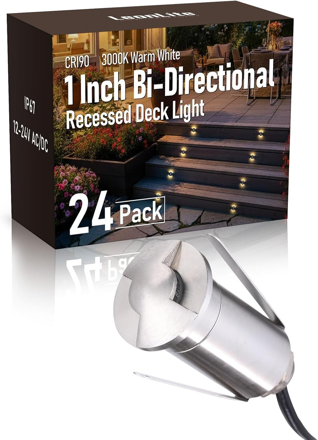 LEONLITE 24-Pack Low Voltage Recessed LED Deck Light, IP67 Waterproof, 12-24V AC/DC, Dual Beam 102° Butterfly Glow, 1W 3000K 1.3 Inch Mini Flush Mount, Stainless Steel for Pathway Step Deck Driveway