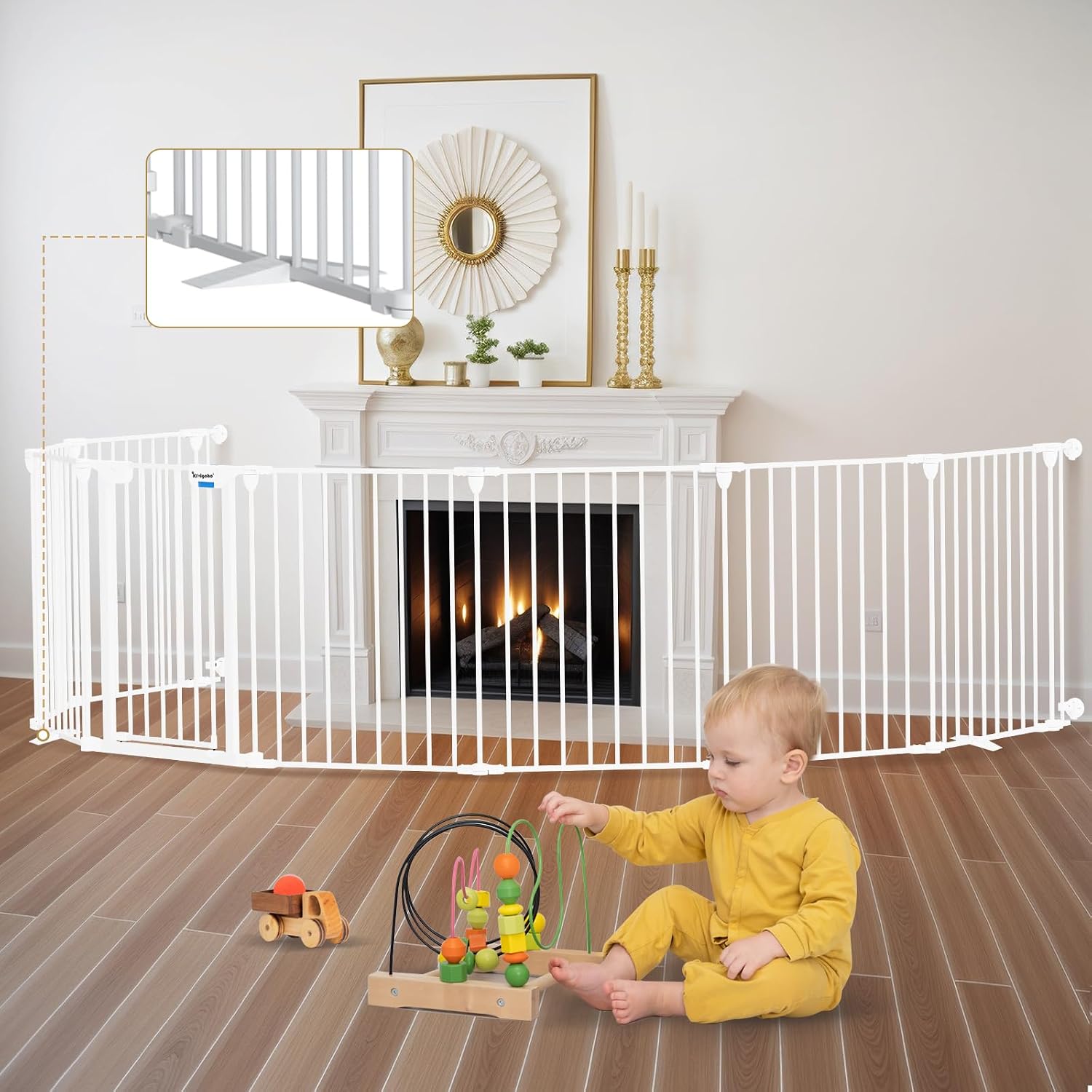 Baby Gate 27.5'-199' Extra-Wide Playpen with Stands Child Safety Fence | Play Yard, Dog Gate with Auto-Close Door, Double Locking System for Fireplace, Foldable 8 Panels, White 29' Height