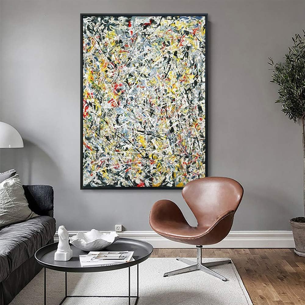 INVIN ART Framed Canvas Wall Art White Light by Jackson Pollock, Abstract Drip Painting, Modern Print for Living Room Home Office(Black Slim Frame, 28'x40')