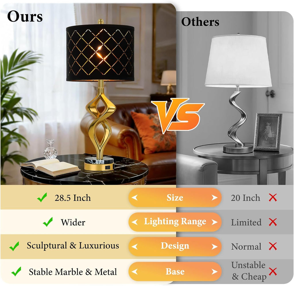 28.5' Modern Sculptural Living Room Table Lamps Set of 2 with USB Ports and Outlet, Gold Bedside Table Lamps with Black Marble Base, Nightstand Lamps for Bedroom with Luxurious Black Grid Lampshade
