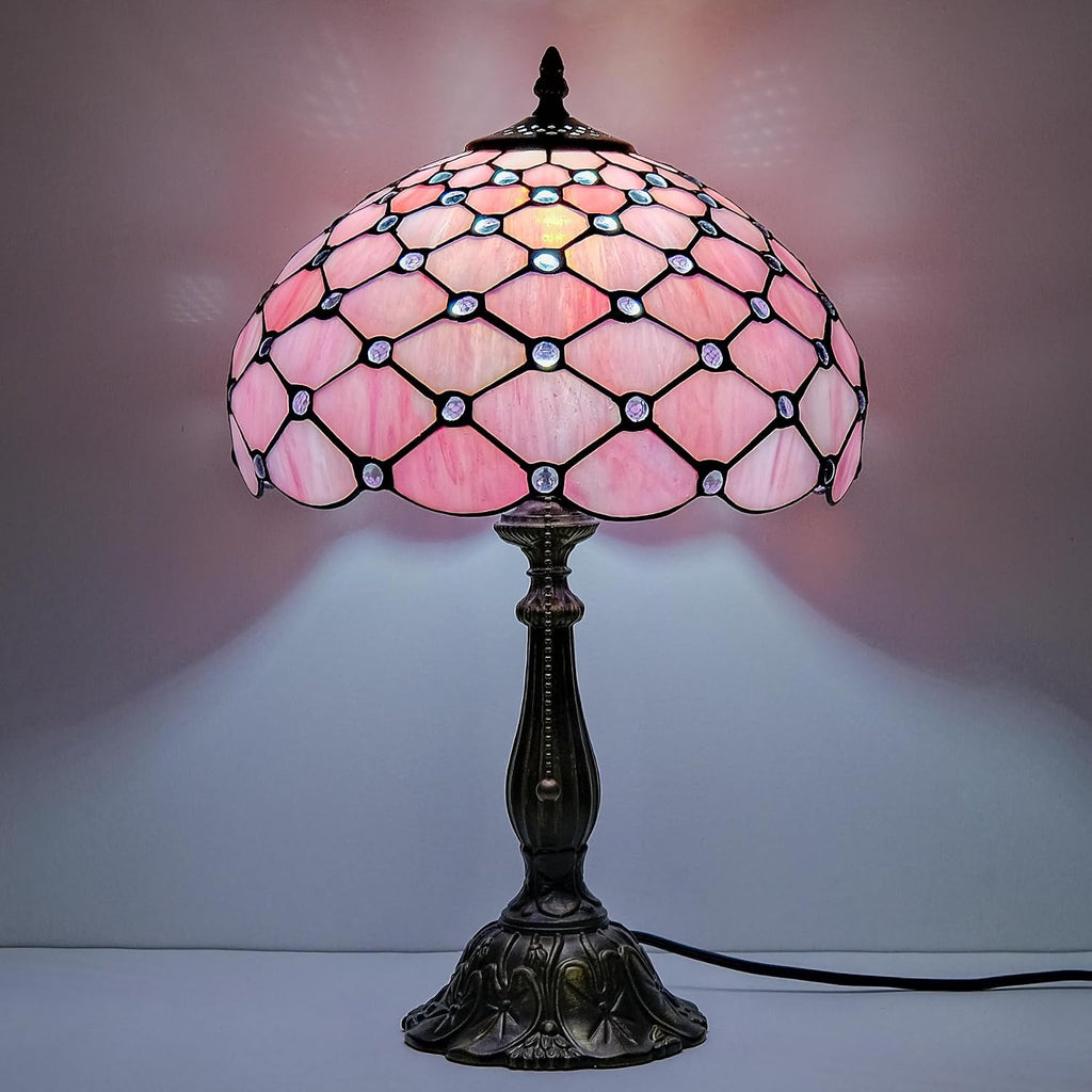 Tiffany Lamp Vintage Pink Stained Glass Bead Table Lamp Desk Bedside Reading Light Decor Bedroom Living Room Home Office D12*H18 Inches