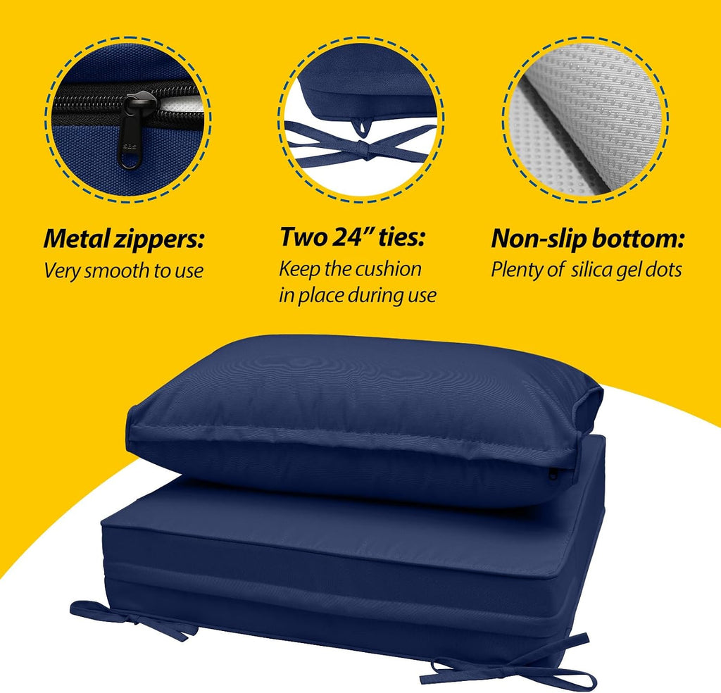 AAAAAcessories Outdoor Deep Seat Cushions, Waterproof, Fade-Resistant Patio Furniture Replacement Cushions, 25.5' x 25.5' x 5' + 25.5' x 13.5', Set of 4, Navy Blue