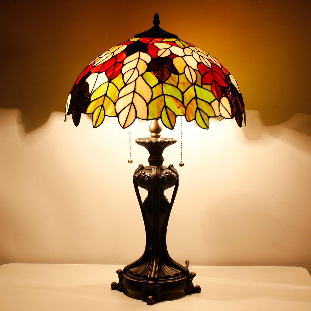 Tiffany Lamp(2 Lights) Stained Glass Table Lamp Bedside Desk Reading Light 16X16X24 Inch Decor Bedroom Living Room Home Office (Maple Leaf)
