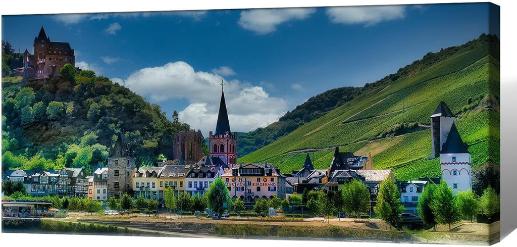 European Hillside Townscape Poster Vintage Medieval Castle Wall Art Colorful Print Vineyard Hills Backdrop Decor Romantic Rhine Valley Canvas Apartment Living Room Artwork 20x40inch Framed