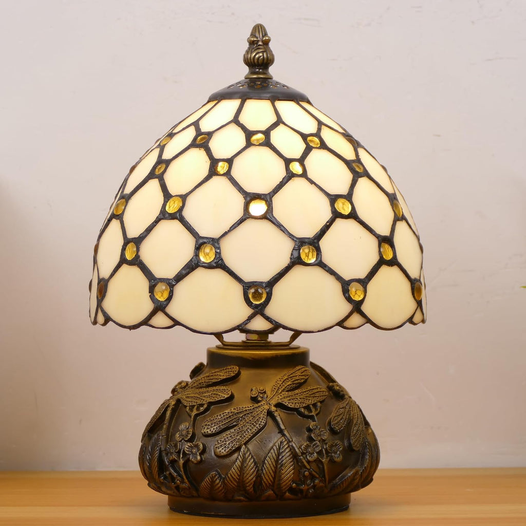 Small Tiffany Lamp Mini Stained Glass Table Lamp Cream Amber Pearl Style Mushroom Memory Sympathy Lamp 8X11 Inch