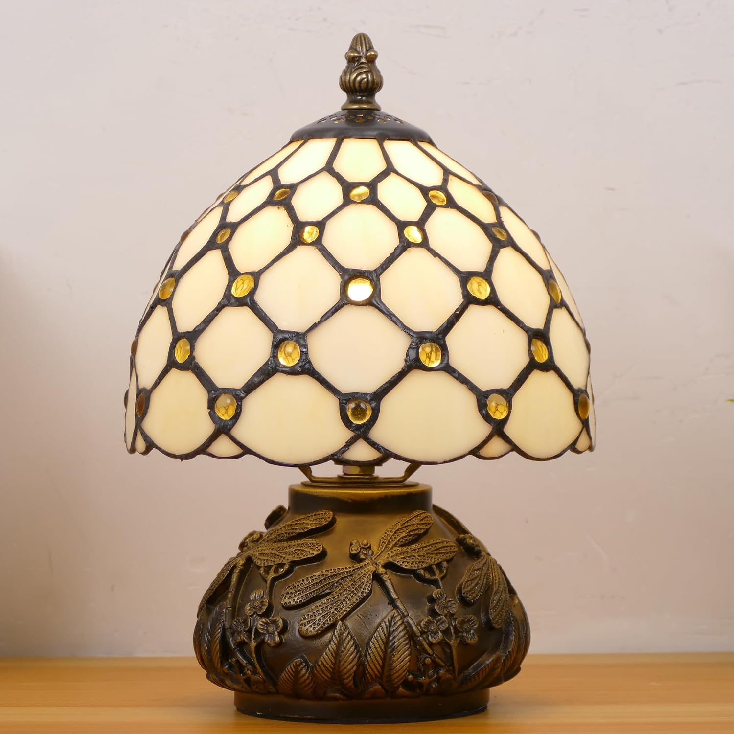 Small Tiffany Lamp Mini Stained Glass Table Lamp Cream Amber Pearl Style Mushroom Memory Sympathy Lamp 8X11 Inch