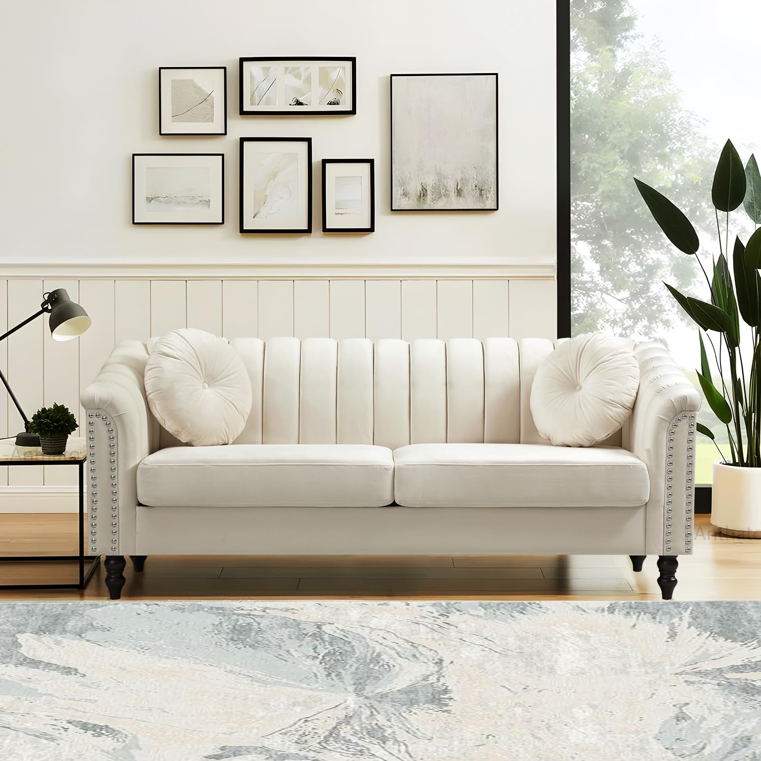Chesterfield Sofa for Living Room Furniture Set, Classic Upholstered White Sofa Couch, 3 Seat Velvet Fabric Couch with Rivet Decor & Matched Pillows for Home/Office(Cream White, 3 Seater)