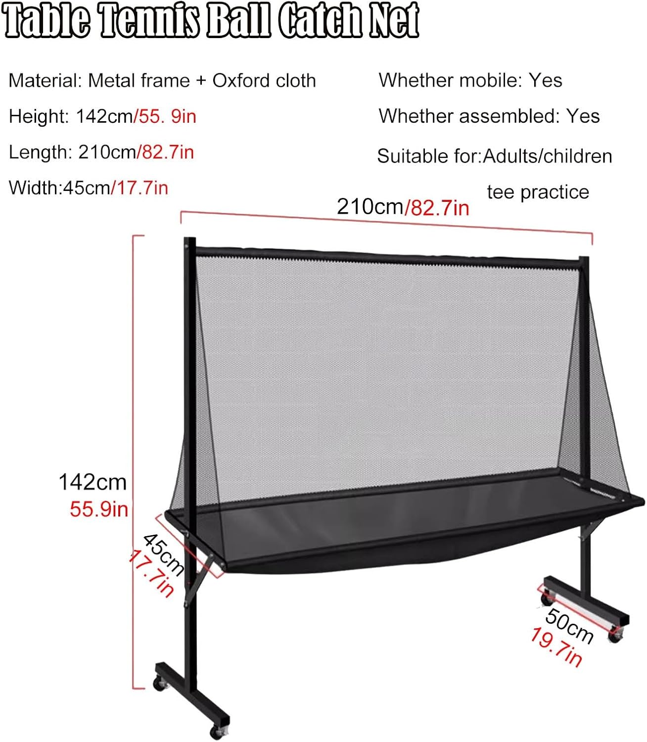 Rolling Table Tennis Robot Catch Net, Adults & Kids Training Tool for Multi Ball Drills, Ping Pong Recycle Catcher Equipment for Indoor Outdoor Serve Practice, Metal Frame