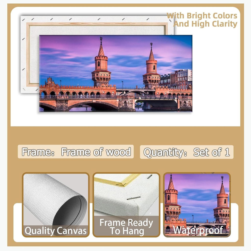 Magical Berlin Sky Poster European Bridge Twilight Decor German Brick Architecture Wall Art Romantic Berlin Bridge Canvas Vintage Medieval Print Living Room Apartment Picture 20x40inch Framed