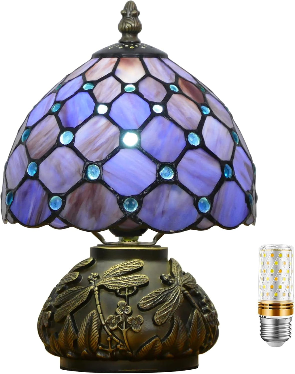 Small Tiffany Lamp Mini Stained Glass Table Lamp Purple Pearl Style Mushroom Accent Lamp 8X11 Inch