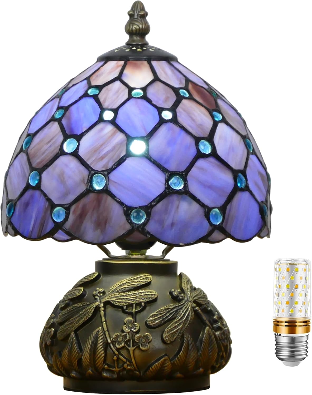 Small Tiffany Lamp Mini Stained Glass Table Lamp Purple Pearl Style Mushroom Accent Lamp 8X11 Inch