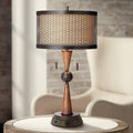 Franklin Iron Works Hunter Rustic Farmhouse Table Lamp with USB and AC Power Outlet Workstation Charging Base 28.75' Tall Bronze Cherry Wood Double Drum Shade for Living Room Bedroom House Bedside